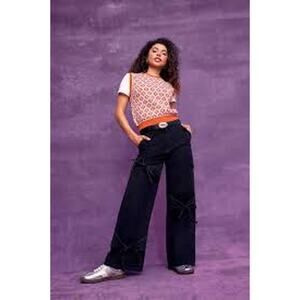 CIDER Baggy Wide Leg Jeans w Tie Details High Rise Black Size Large L Cargo Y2K